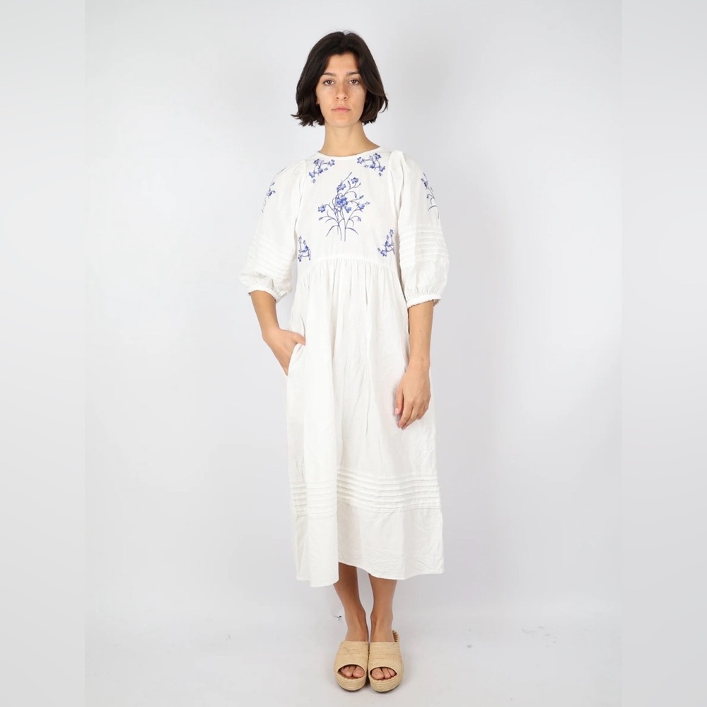 Meadows White Prairie Dress Blue Embroidery Cottagecore Puff Sleeve Cotton XS